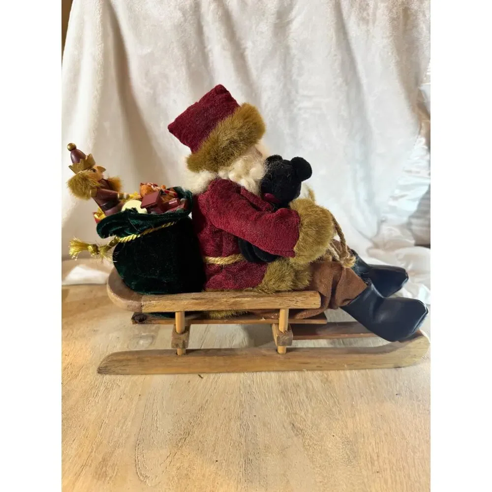 Vintage Old World Santa Wooden Sled Sleigh 12” Table Top Decor Shelf Sitter Y2K